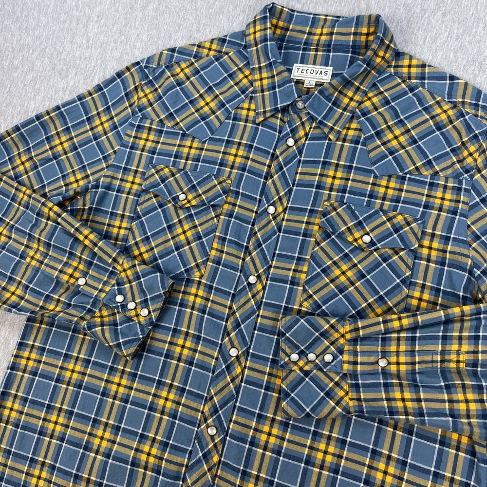 Tecovas Pearl Snap Western Shirt Mens L Blue Plaid Cotton Cowboy Work Austin TX